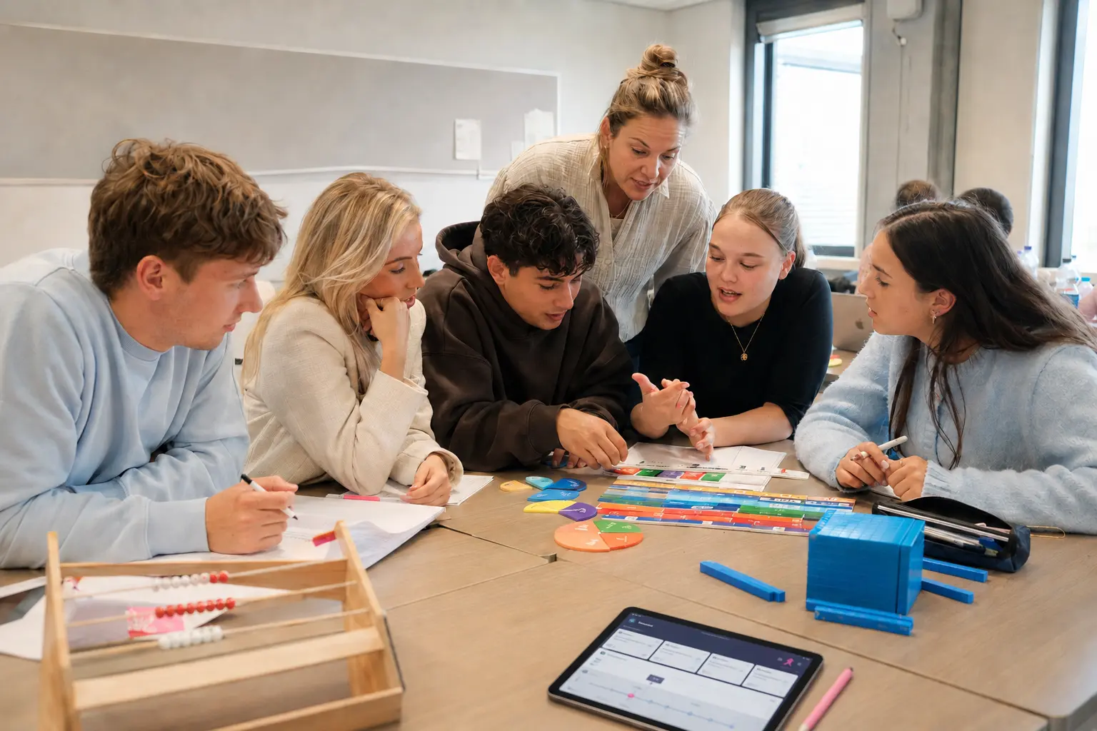 Pabostudenten bespreken rekenuitwerkingen met hun docent terwijl StudieVitaal Studio op een tablet zichtbaar is.