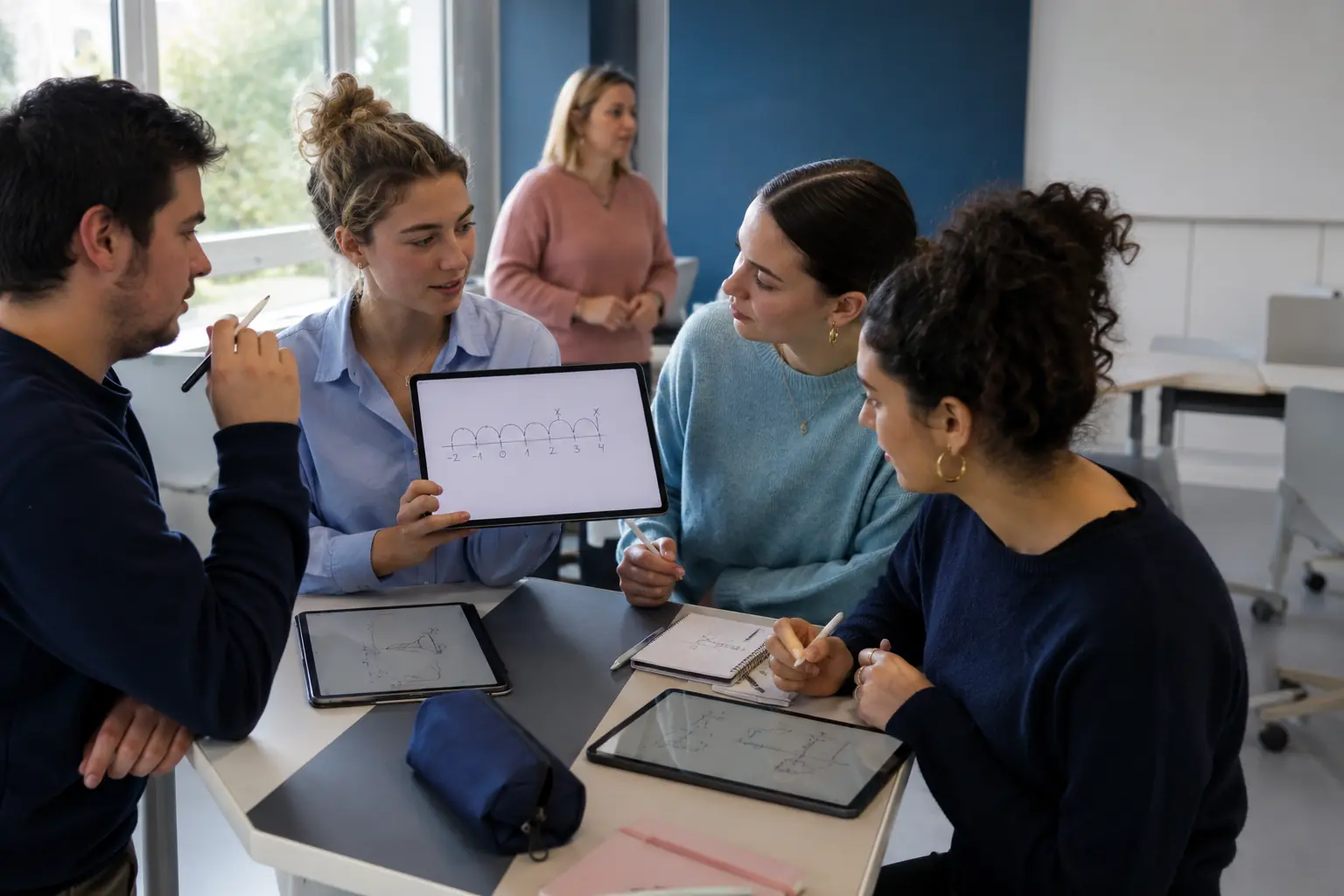 Hbo-studenten bespreken een getallenlijn op hun Focusboards.