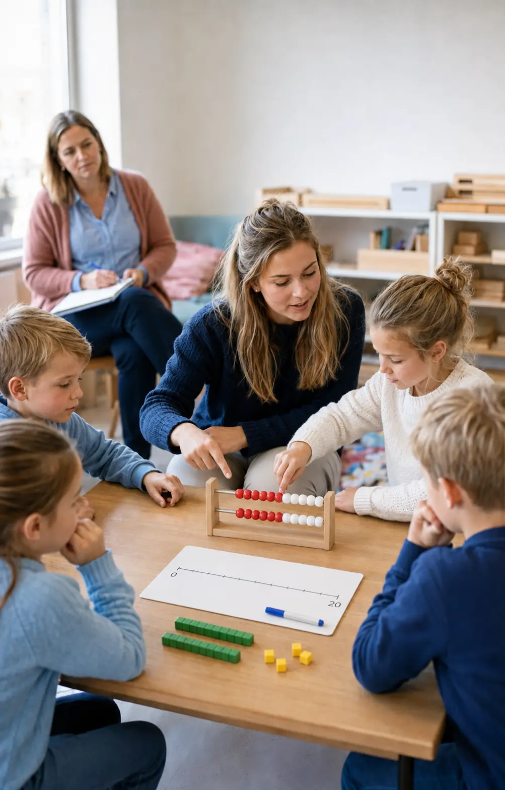 Pabostudent begeleidt leerlingen bij rekenen met een rekenrek, MAB-materiaal en een getallenlijn.